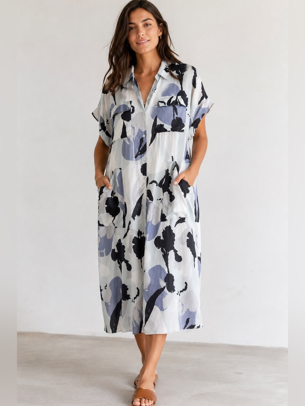 B New York Midi Shirt Dress Blue Floral